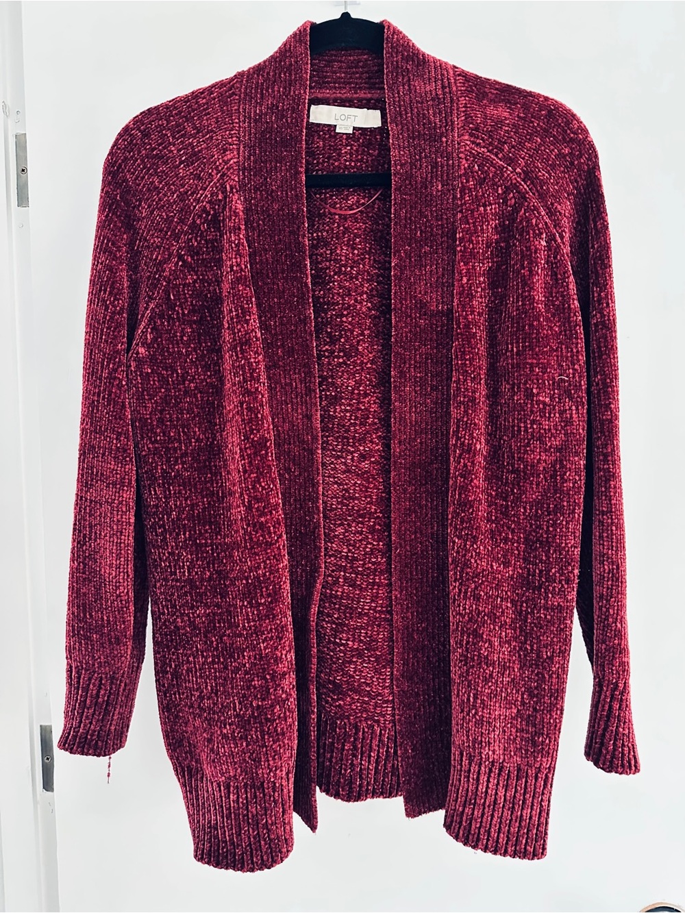 LOFT Open-Front Chenille Cardigan Sweater in Wine